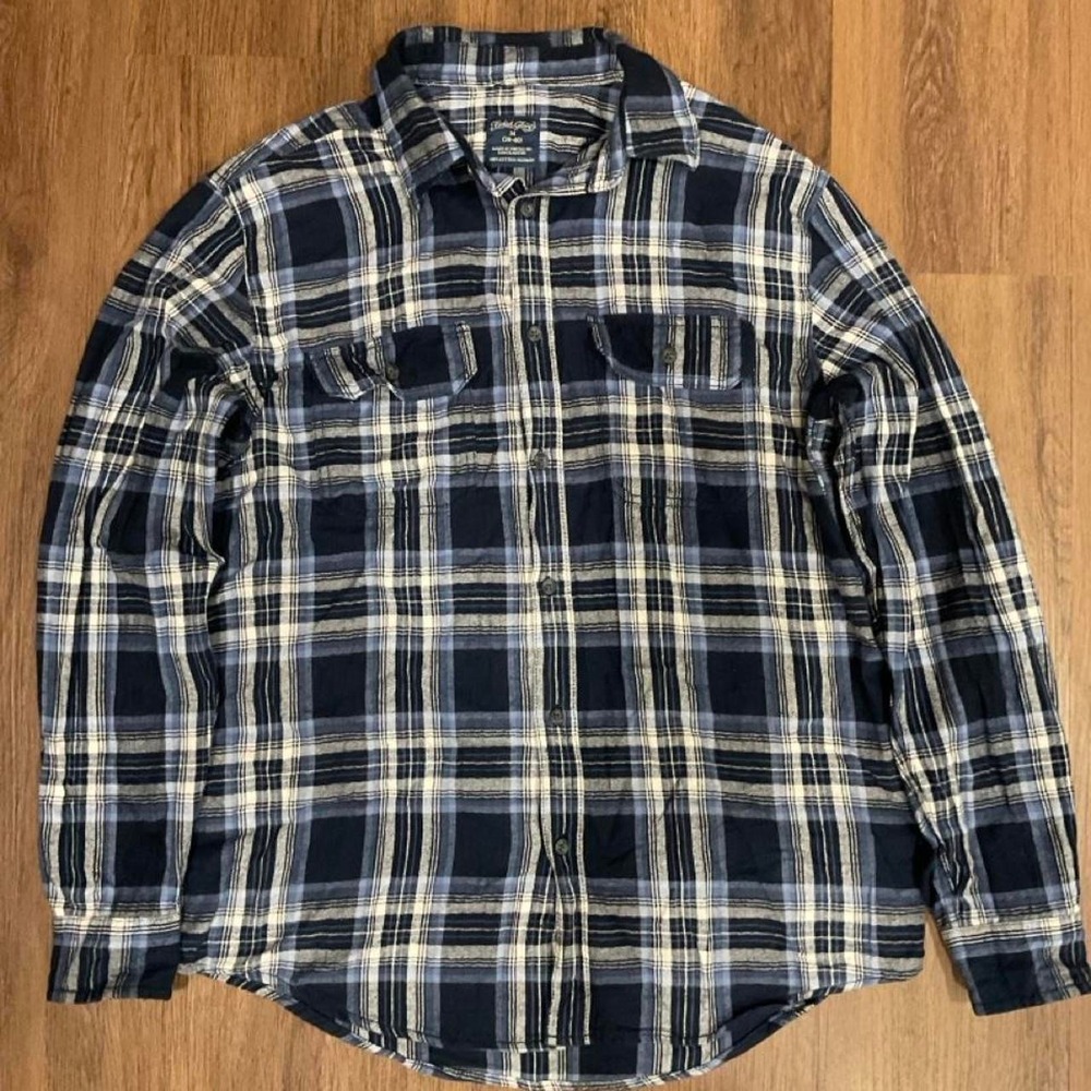 Faded Glory navy, white and black plaid cotton flannel shirt